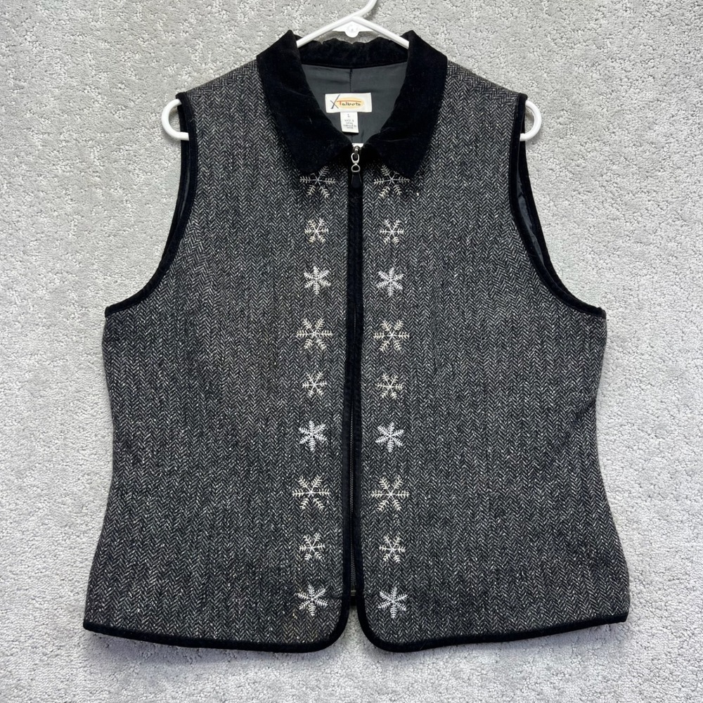 Talbots Vest Womens Large Gray Herringbone Wool Silk Blend Snowflake Velvet Trim
